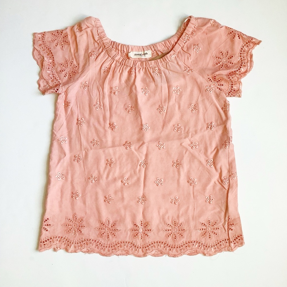 Angie Girls Peach Embroidered Eyelet Short Sleeve Top
